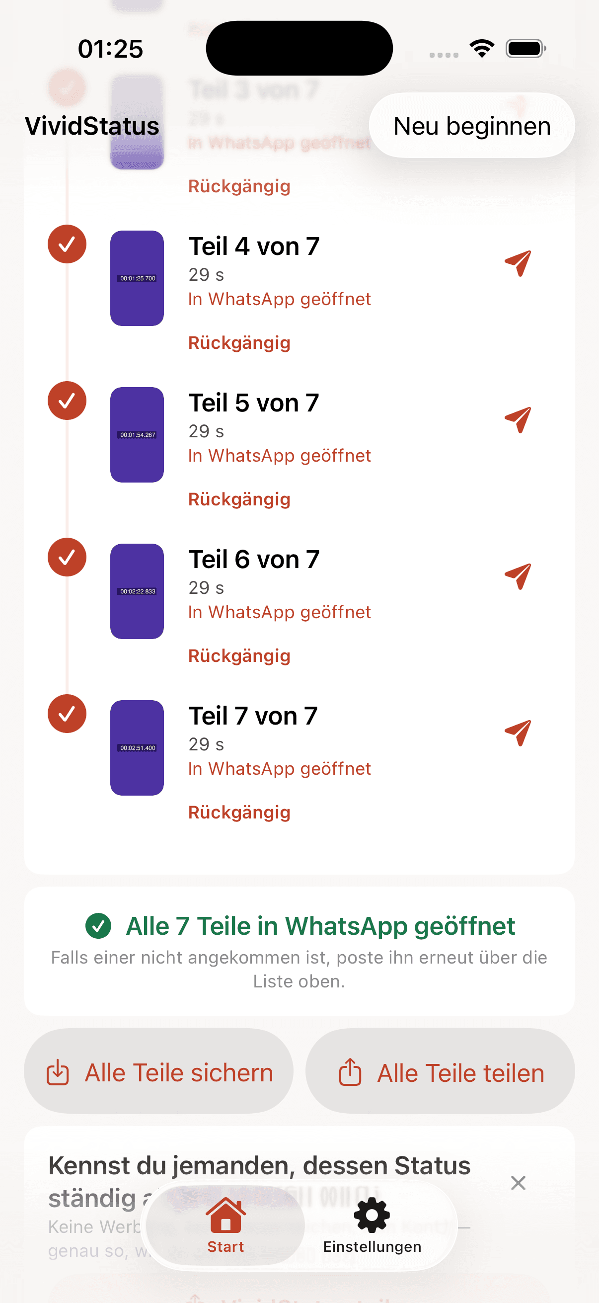 VividStatus-Ergebnisbildschirm, auf dem alle sieben Teile an WhatsApp übergeben wurden