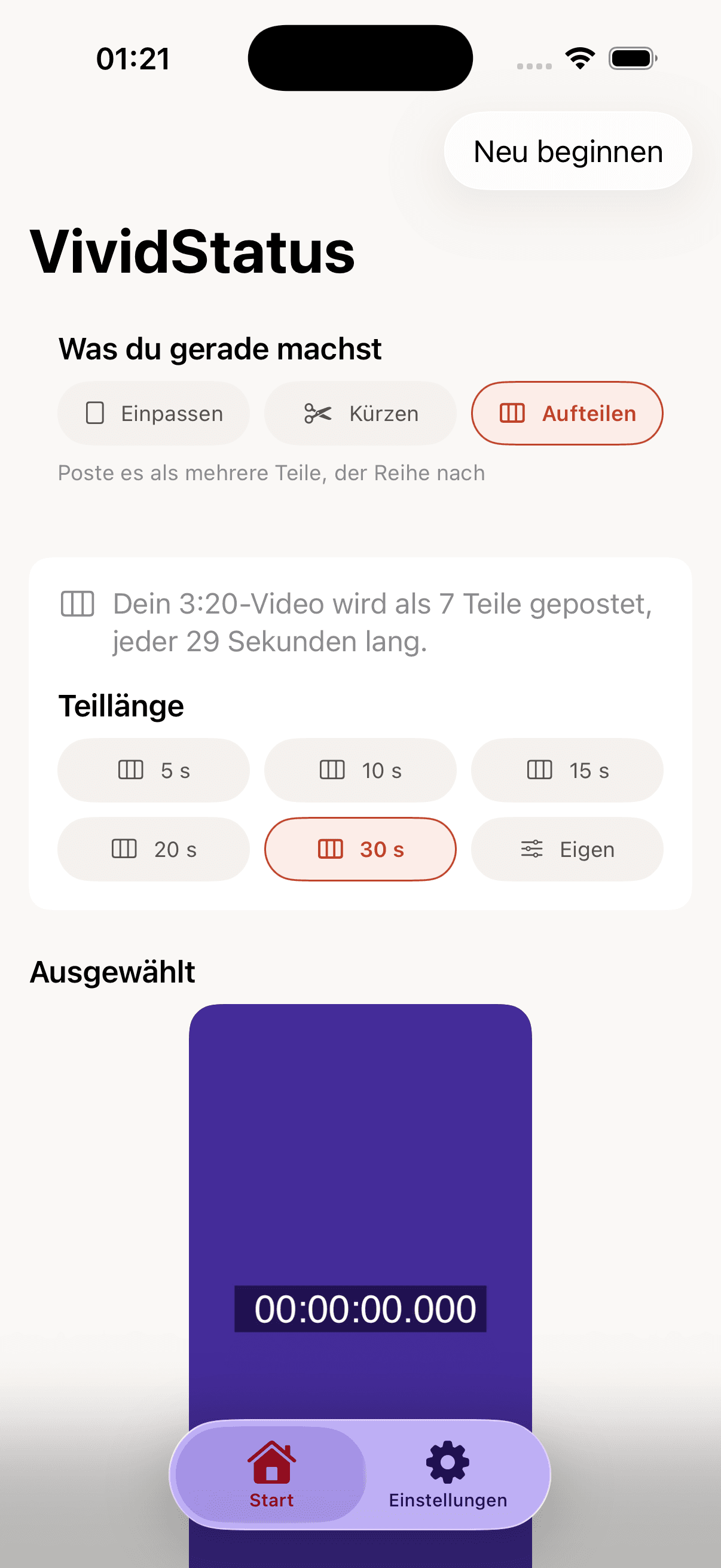 VividStatus-Aufteilen-Modus mit einem 3 Minuten 20 Sekunden langen Video und auswählbarer Teillänge