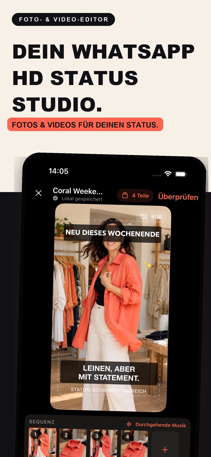 Werbekarte für einen Foto- und Video-Editor mit der Überschrift 'DEIN WHATSAPP HD STATUS STUDIO.' und dem Untertitel 'FOTOS & VIDEOS FÜR DEINEN STATUS.'. Sie zeigt ein Smartphone mit der VividStatus Studio-Oberfläche, auf der eine modebewusste Frau in einem orangefarbenen Outfit mit Text-Overlay, vier nummerierte Sequenz-Vorschaubilder und eine durchgehende Musiksteuerung zu sehen sind.