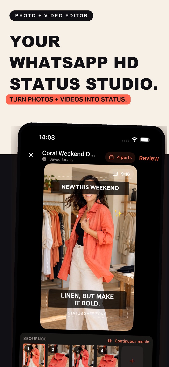 Promotional card for a photo and video editor with the heading 'YOUR WHATSAPP HD STATUS STUDIO' and subtitle 'Turn photos + videos into Status.' It features a phone displaying the VividStatus Studio interface, which includes a fashion photo with text overlay, four sequence thumbnails, and a continuous music control.