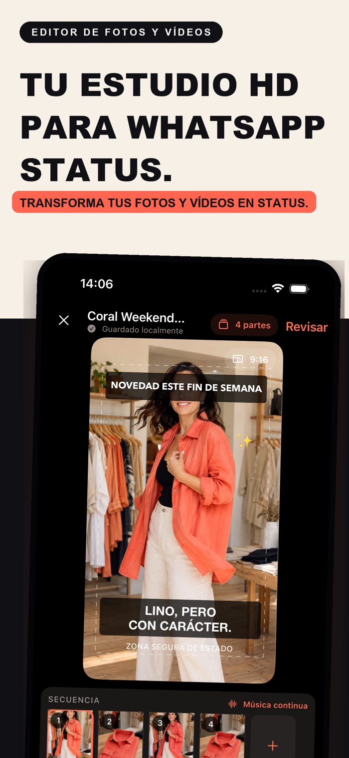 Tarjeta promocional de un editor de fotos y vídeos con el título 'TU ESTUDIO HD PARA WHATSAPP STATUS' y el subtítulo 'TRANSFORMA TUS FOTOS Y VÍDEOS EN STATUS'. Muestra un teléfono con la interfaz del Estudio de VividStatus, que incluye una foto de moda con texto superpuesto, cuatro miniaturas de secuencia y un control de música continuo.