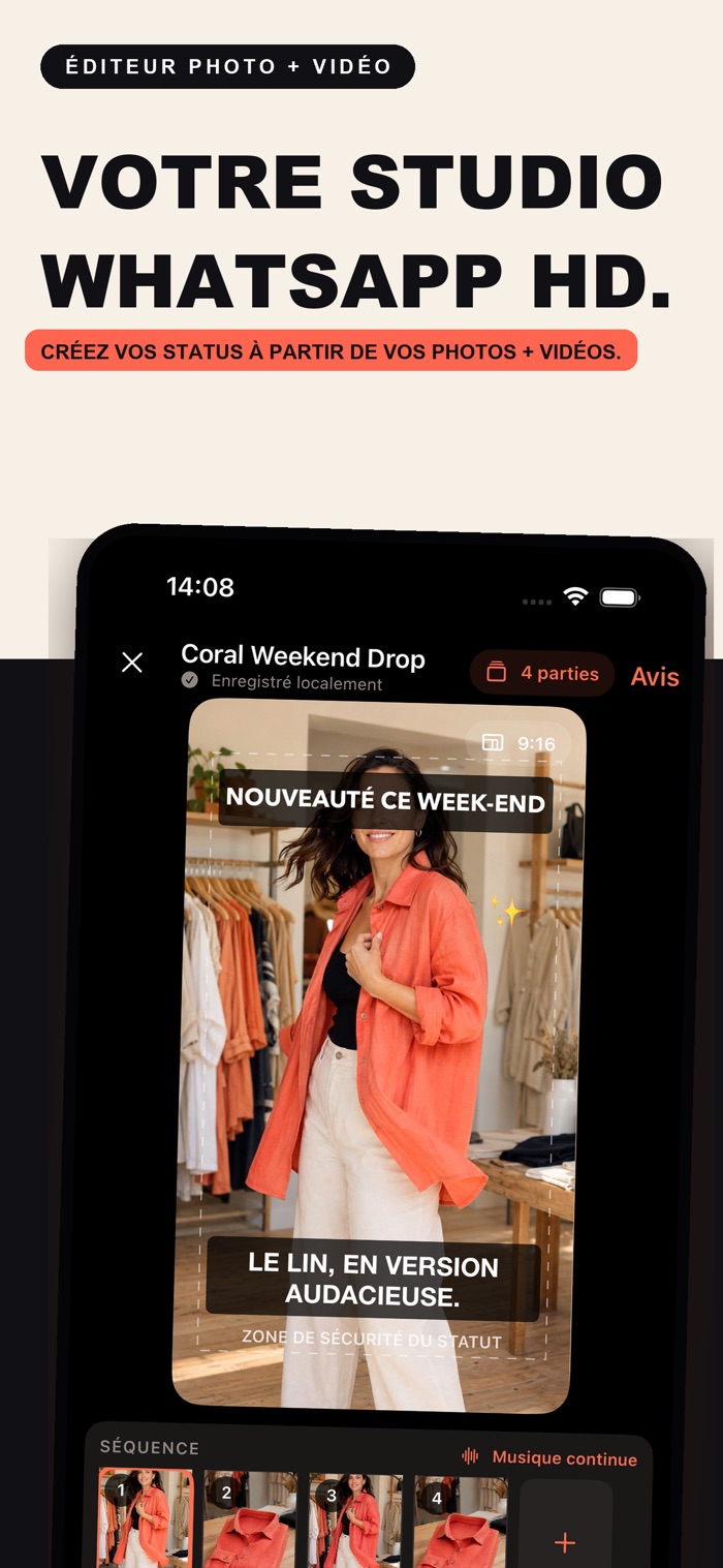 Carte promotionnelle pour un éditeur photo et vidéo avec le titre 'VOTRE STUDIO WHATSAPP HD'. Elle montre un téléphone affichant l'interface Studio de VividStatus, avec une photo de mode et du texte superposé, quatre miniatures de séquence et un réglage pour la musique en continu.