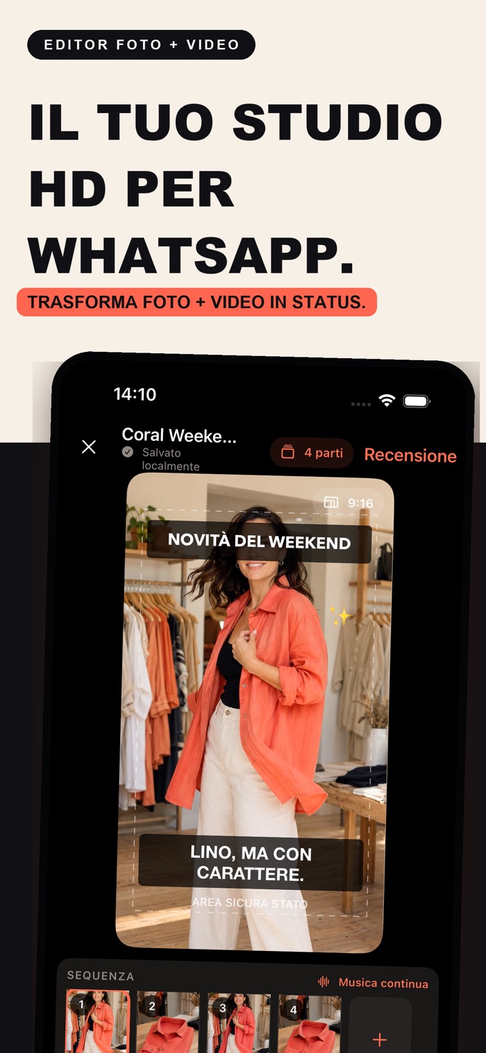 Scheda promozionale per un editor di foto e video con il titolo 'IL TUO STUDIO HD PER WHATSAPP.', l'etichetta 'EDITOR FOTO + VIDEO' e il sottotitolo 'TRASFORMA FOTO + VIDEO IN STATUS.' Mostra un telefono con l'interfaccia Studio di VividStatus, che include una foto di moda di una donna con giacca corallo, testo in sovrimpressione, quattro miniature di sequenza e un'impostazione per la riproduzione continua della musica.