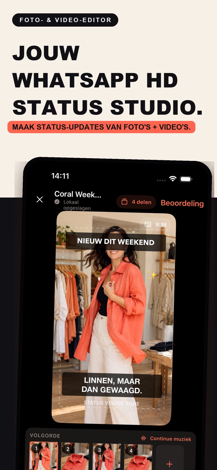 Promotiekaart voor een foto- en video-editor met bovenaan 'FOTO- & VIDEO-EDITOR', de kop 'JOUW WHATSAPP HD STATUS STUDIO.' en de ondertitel 'MAAK STATUS-UPDATES VAN FOTO’S + VIDEO’S'. Een telefoon toont de VividStatus Studio-interface met een modefoto met tekstoverlay, een rij miniaturen onderaan en een doorlopende track voor de muziek.