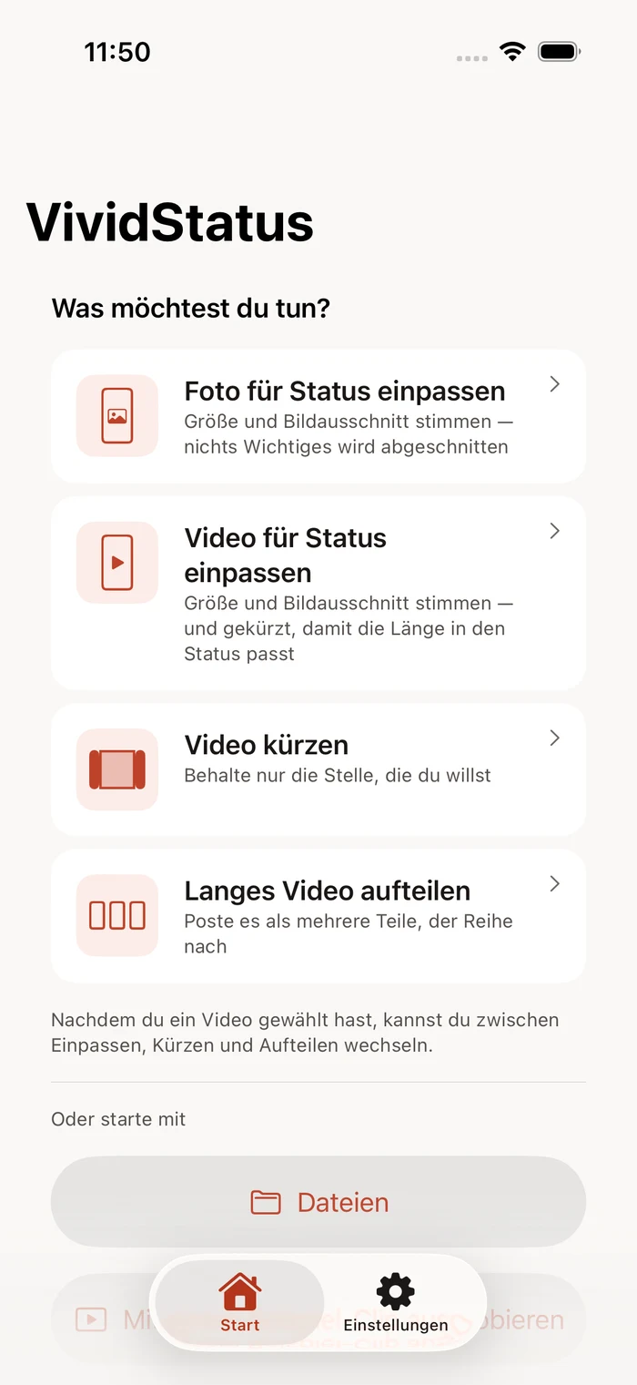 VividStatus home screen with a video ready to frame and split