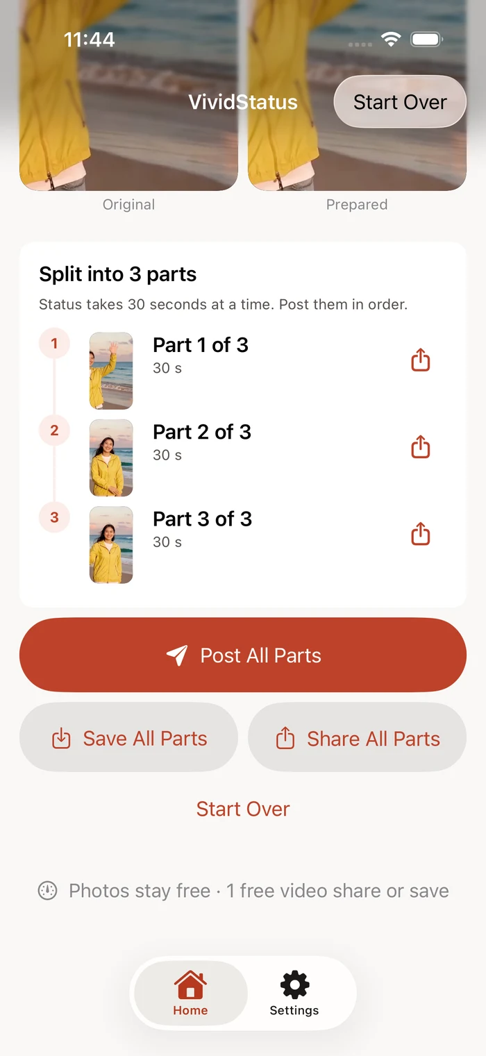 A long video split into numbered Status parts