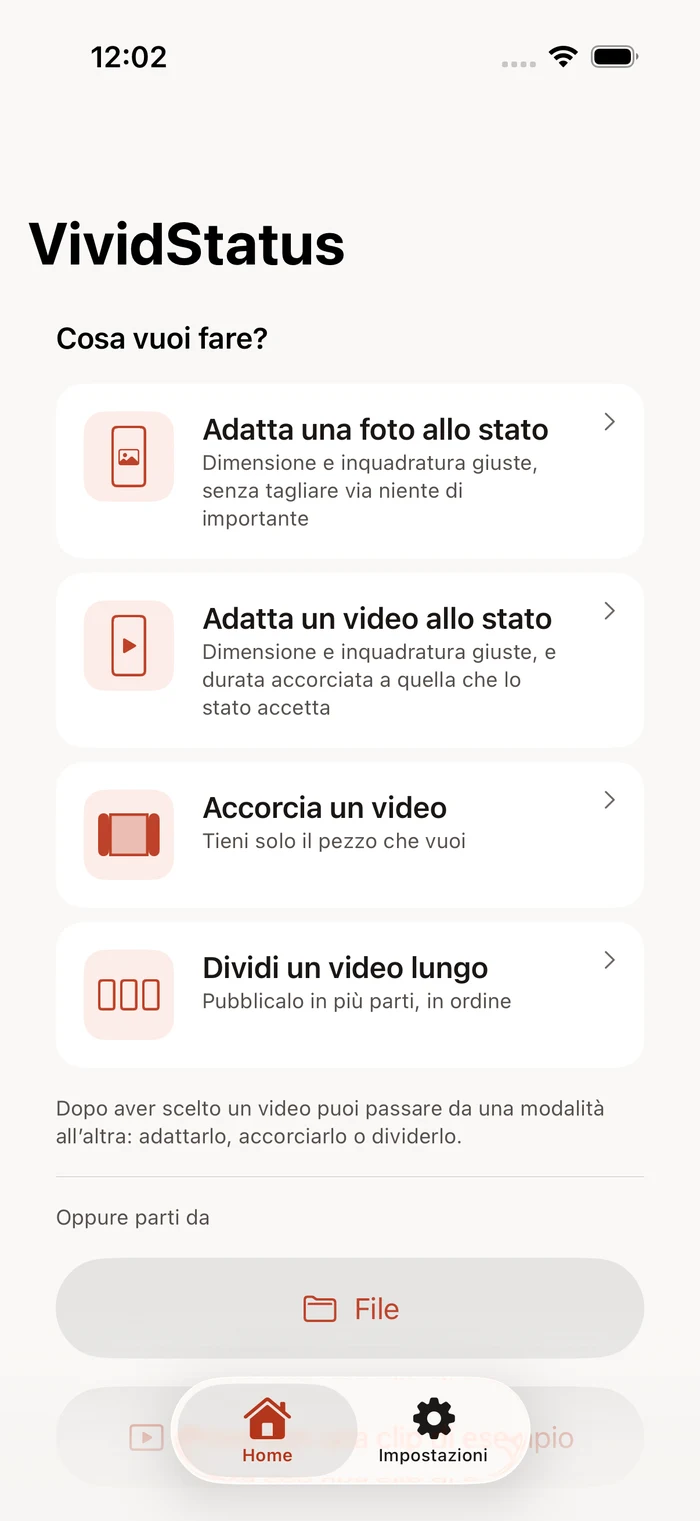 VividStatus home screen with a video ready to frame and split