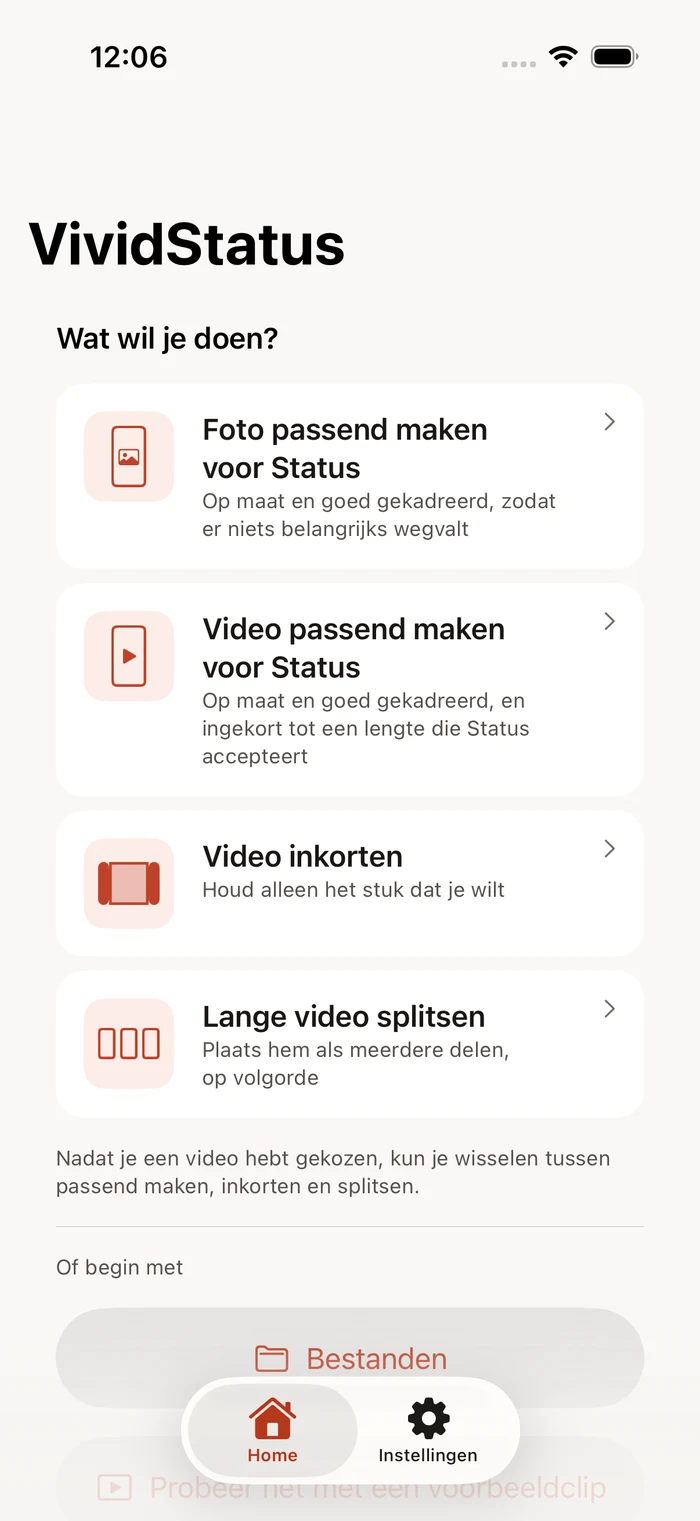 VividStatus home screen with a video ready to frame and split