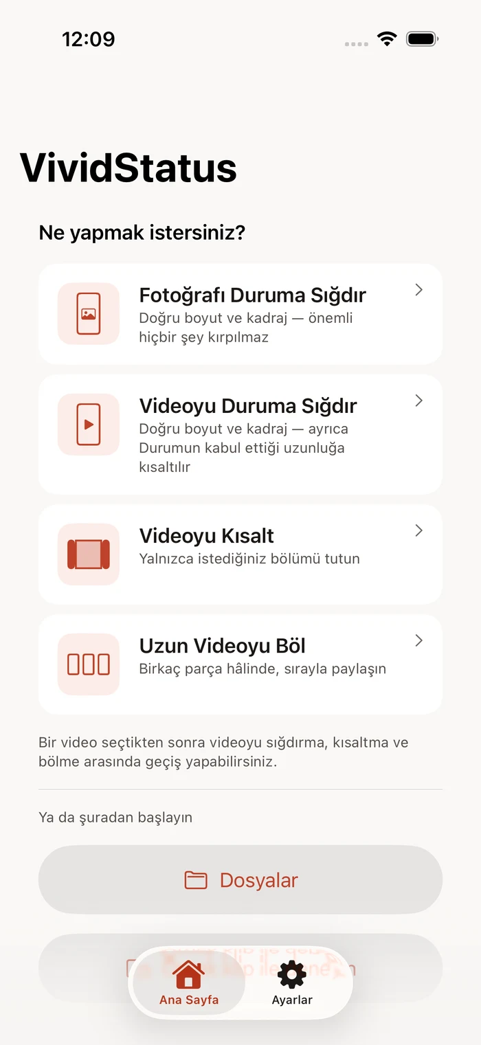 VividStatus home screen with a video ready to frame and split